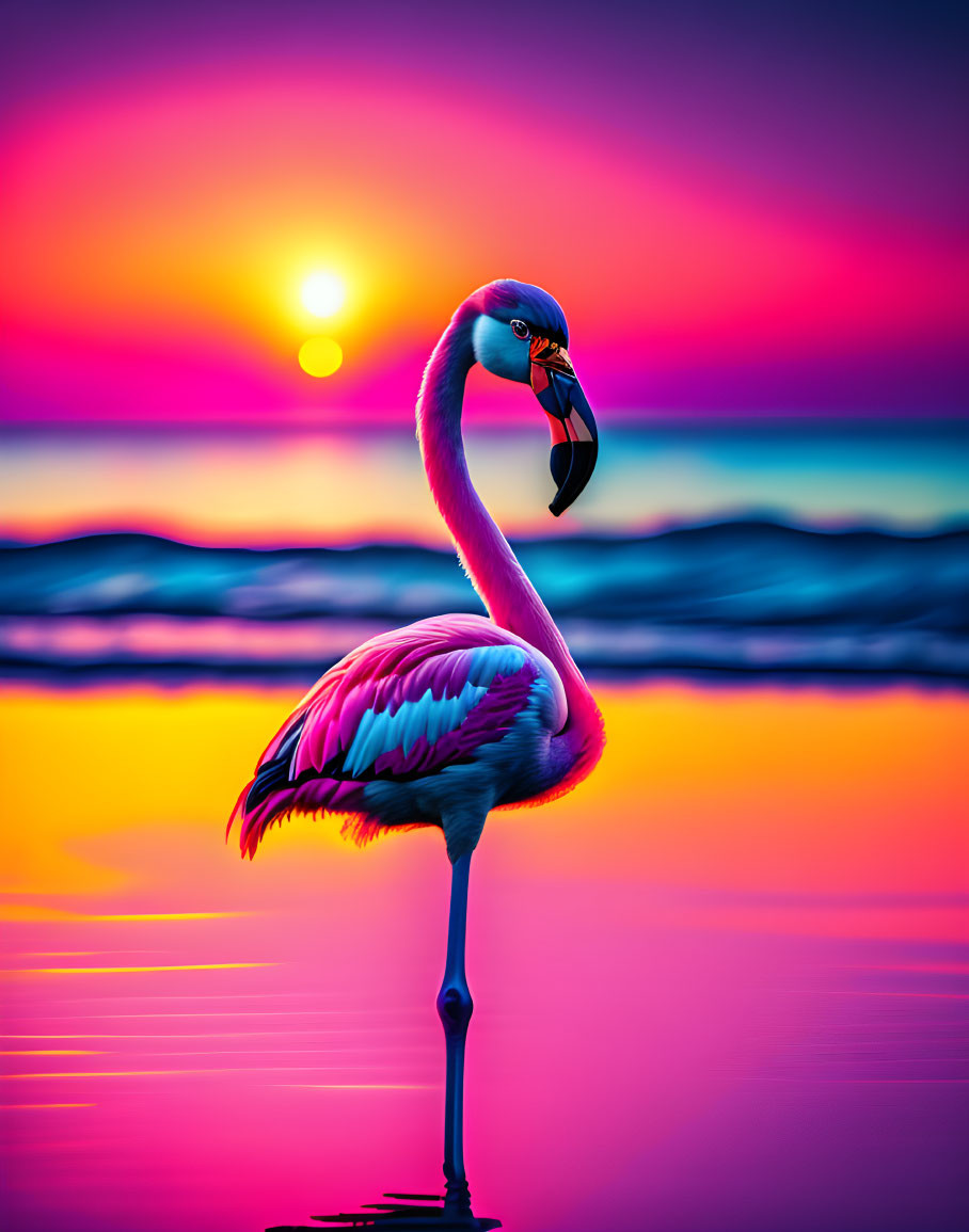 Colorful Flamingo Standing in Water at Sunset