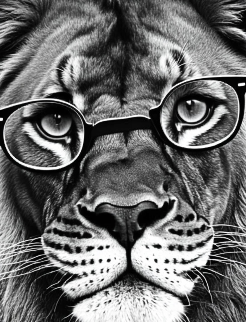 Monochrome lion face with round glasses exuding sophistication