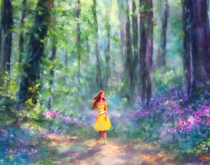 Woman in yellow dress on forest path with purple flowers and tall trees