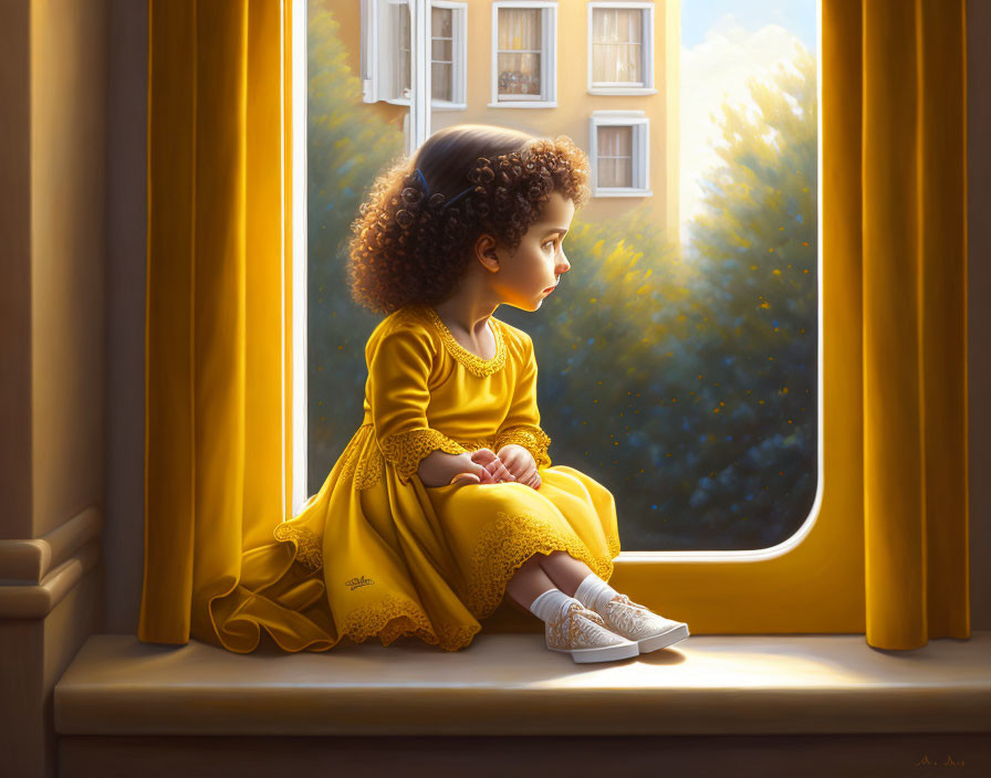 Young girl in yellow dress gazes out window in golden sunlight