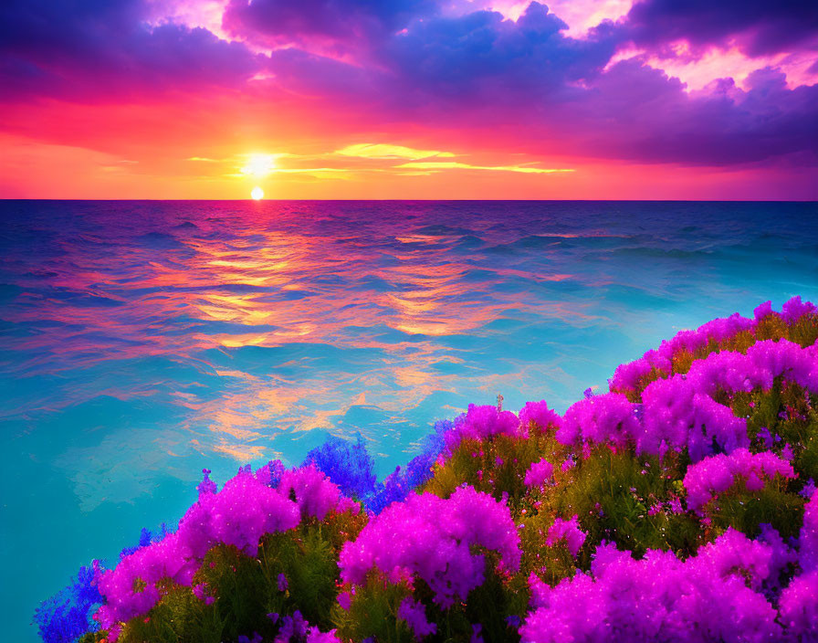 Colorful sunset over sea with pink and purple wildflowers.