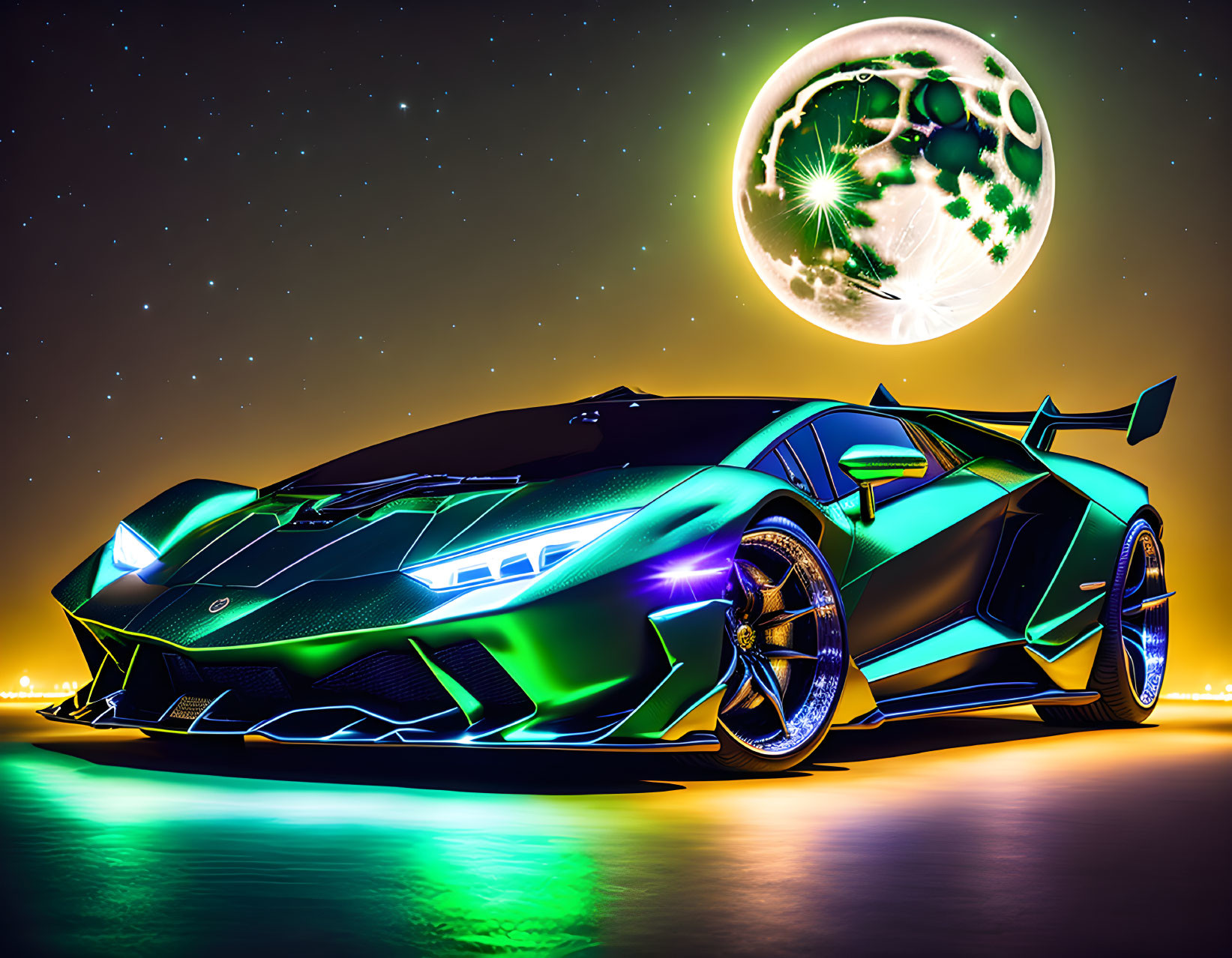 Vibrant green Lamborghini under starry sky with oversized moon casting neon glow