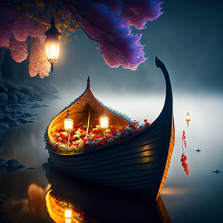 Ornate boat with flowers and lanterns under twilight sky by purple trees