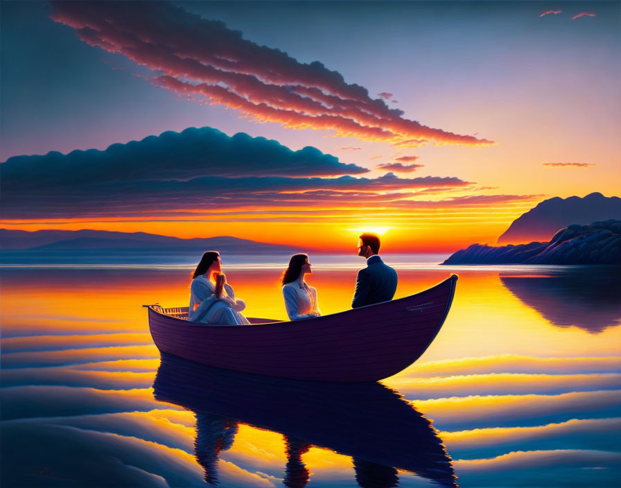 Three individuals on a boat at sunset on a serene lake with mountain backdrop.