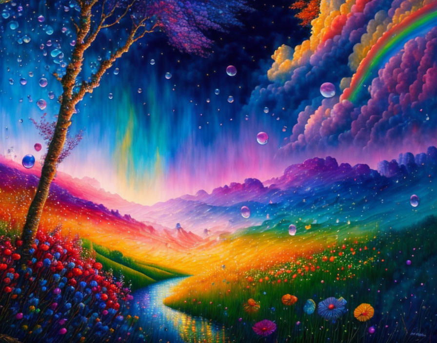 Colorful surreal landscape with rainbow, bubbles, flower field at sunset