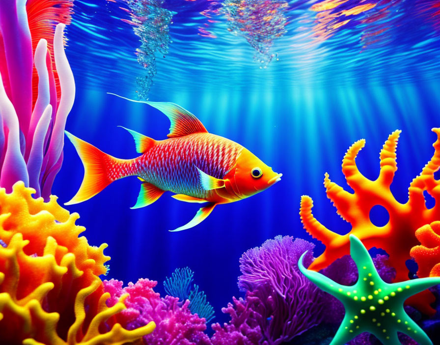 Colorful Underwater Scene: Orange Fish, Coral Reefs, Starfish, Sunbeams