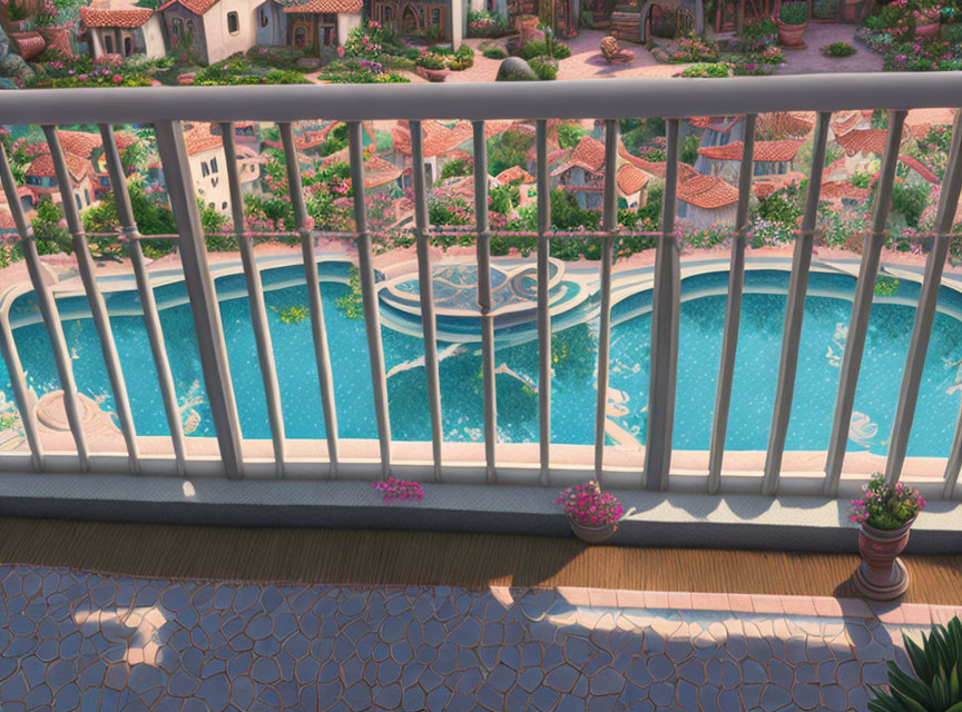 Resort balcony overlooks terracotta rooftops, blue pool, lush gardens