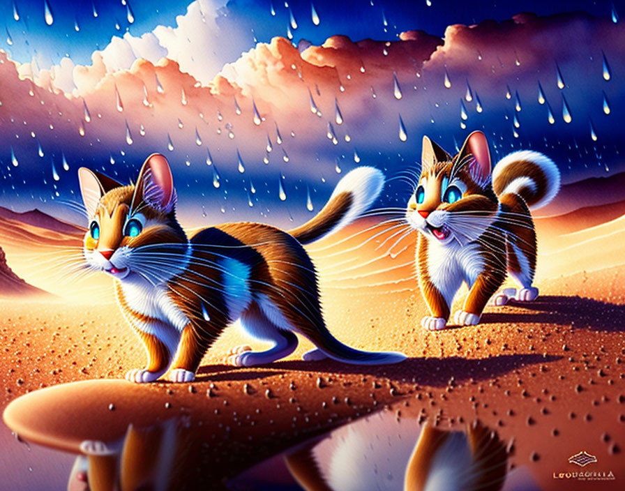 Exaggerated-eyed animated cats in rain with rainbows