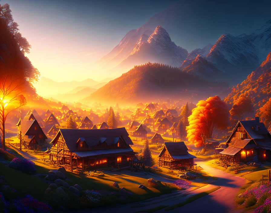 Digital artwork: Picturesque village at sunset nestled among mountains