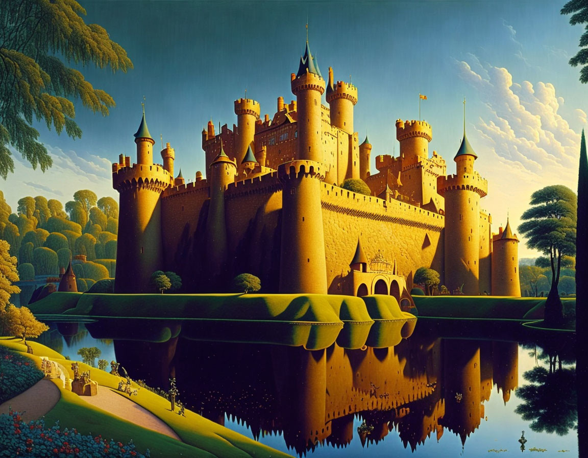 Majestic castle with spires and turrets reflected in tranquil lake