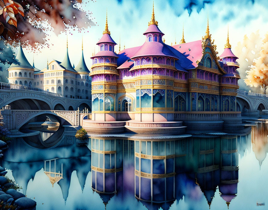 Fantasy castle with purple roofs and golden accents reflected in water
