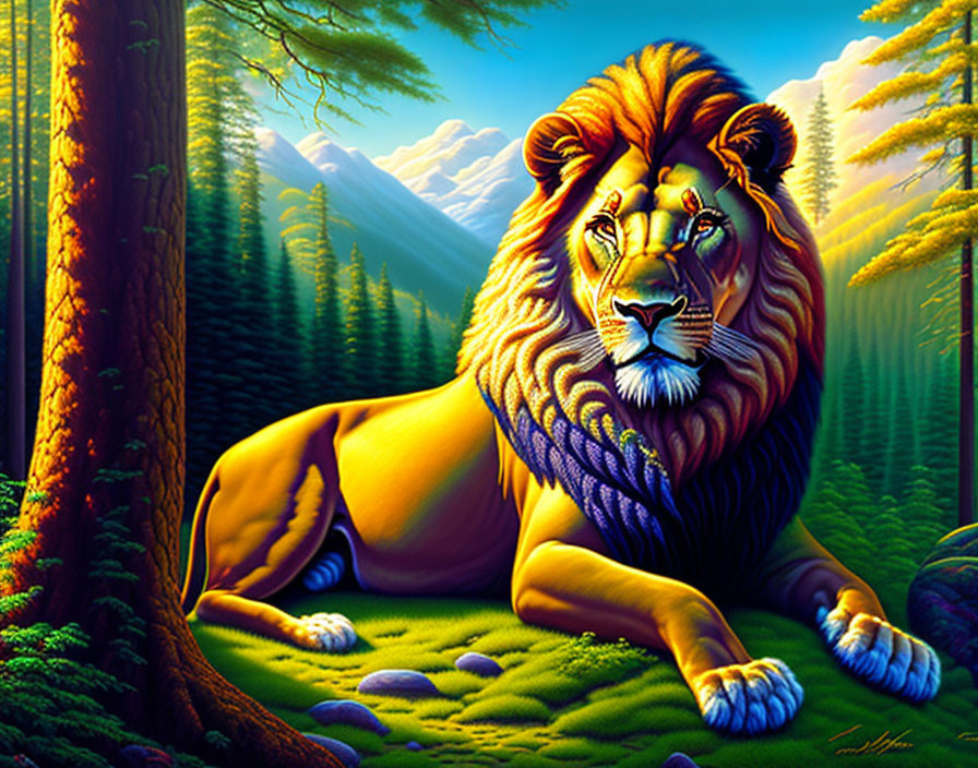 Majestic lion in lush forest with radiant light