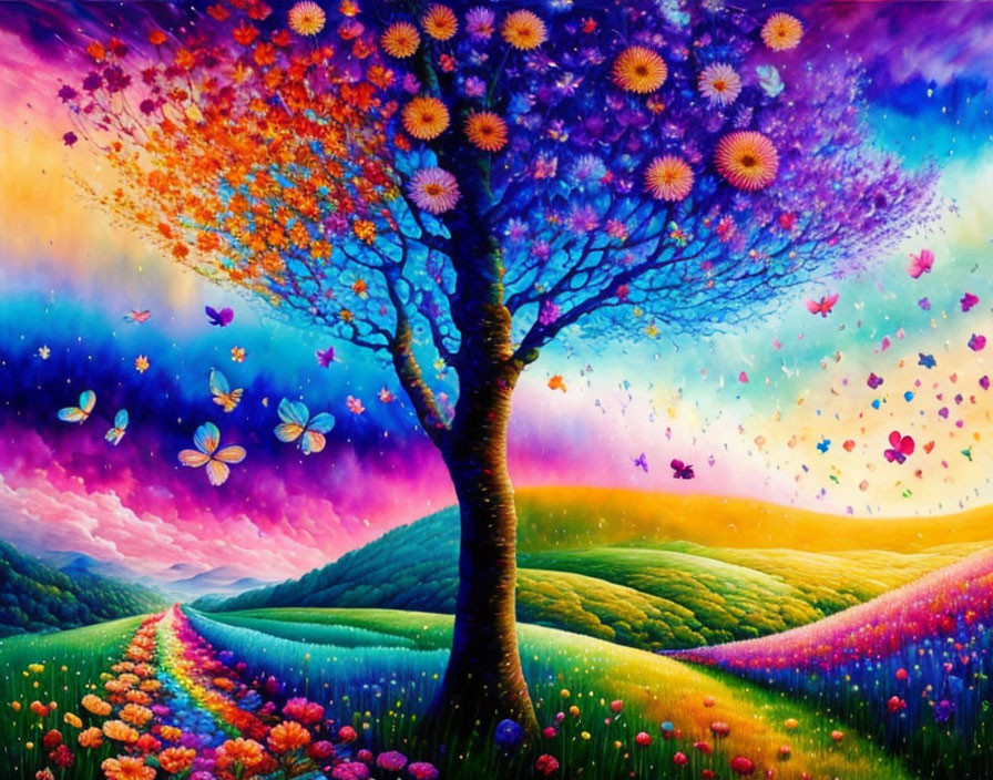 Colorful Landscape with Tree, Flowers, Butterflies, and Starry Sky