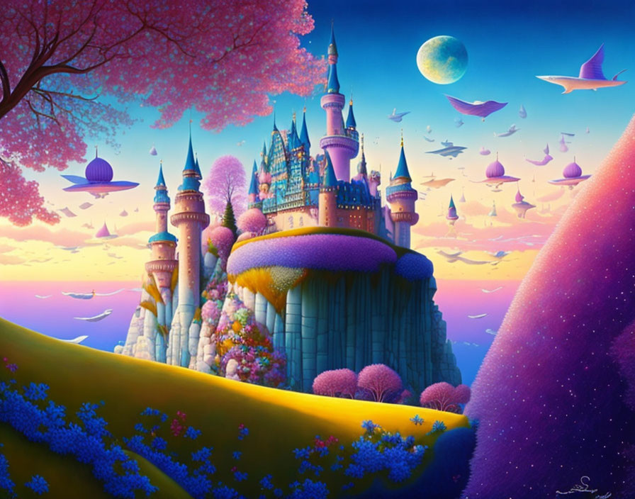 Fantastical purple and pink castle in twilight landscape with moon and birds