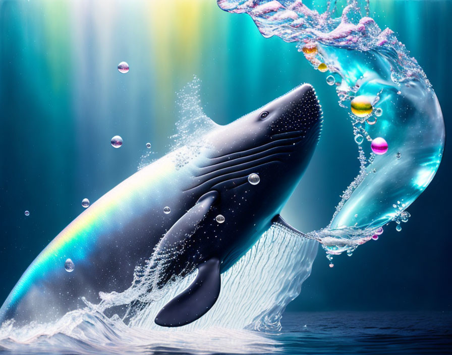 Surreal whale with cosmic texture leaping from water among vibrant bubbles and vertical light streams