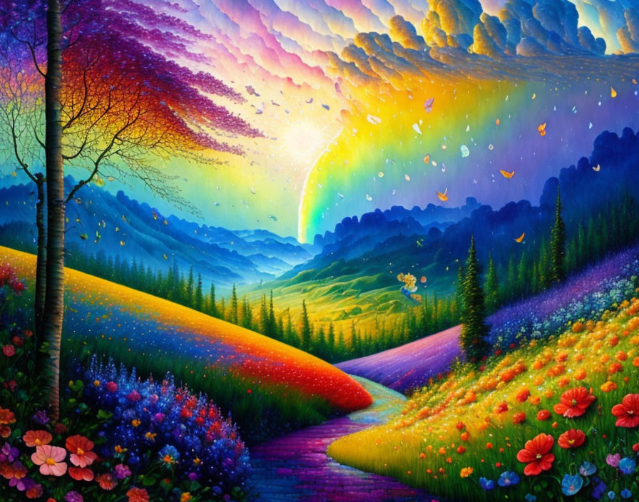 Colorful Landscape with Rainbow, Flowers, Stream, and Sunset Sky