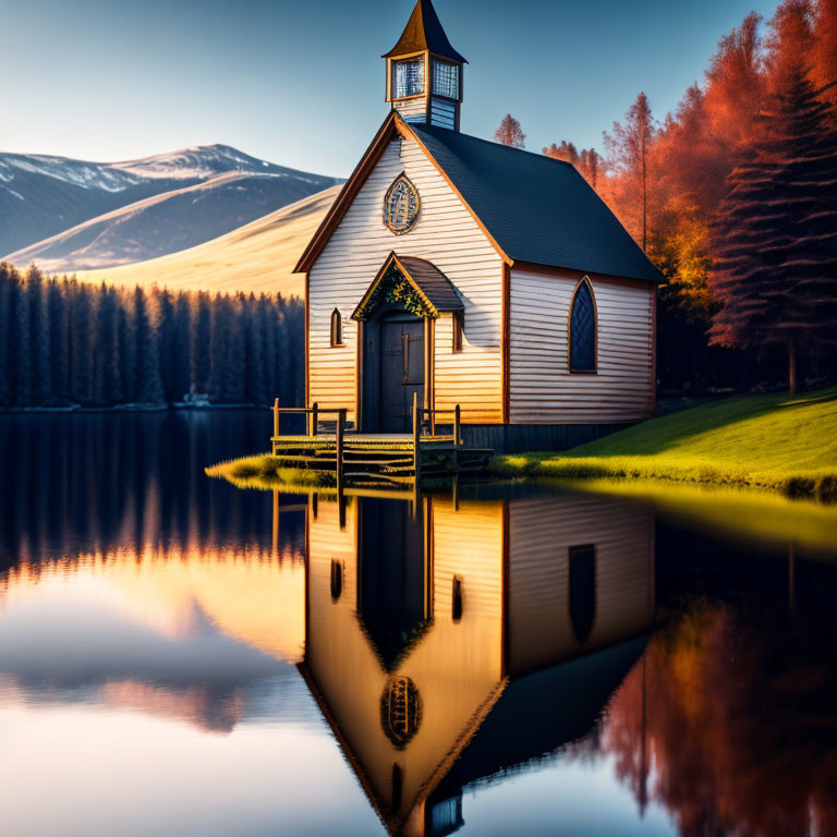 Scenic church reflected in lake with autumn trees and mountain backdrop