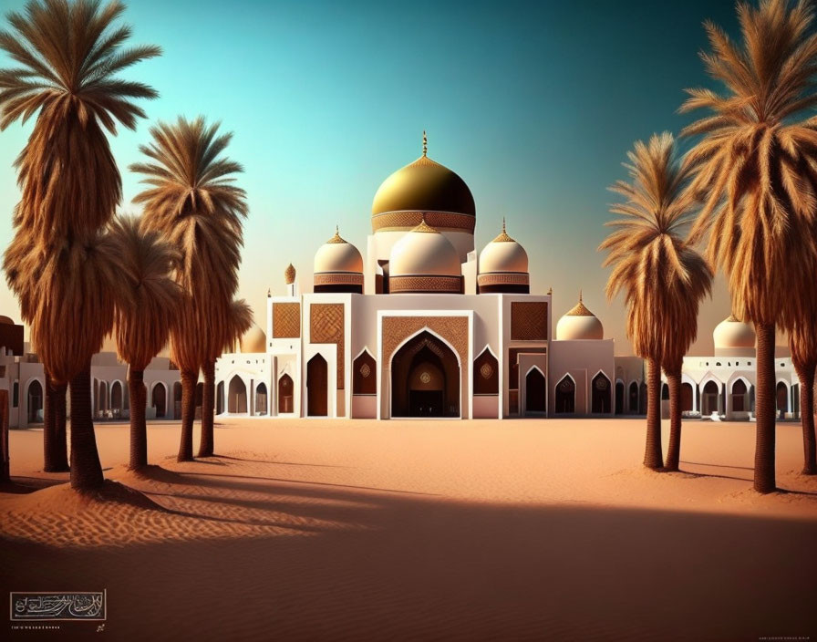 Ornate mosque with golden domes and palm trees at sunset or sunrise