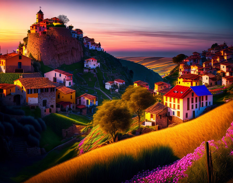 Sunset over vibrant hilltop village with church, rolling hills, and colorful sky.