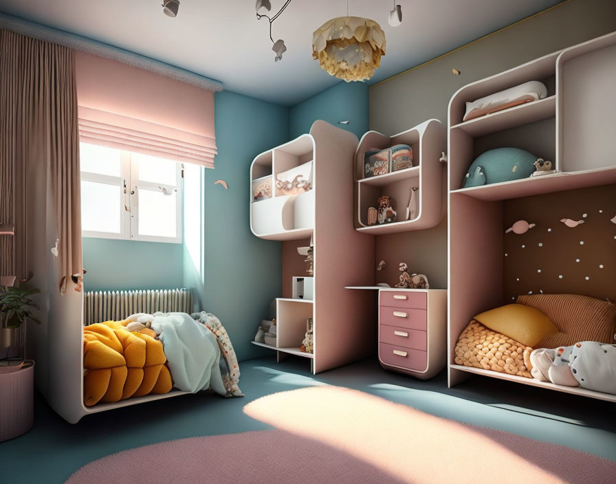 Pastel-themed children's room with whimsical decor & plush toys