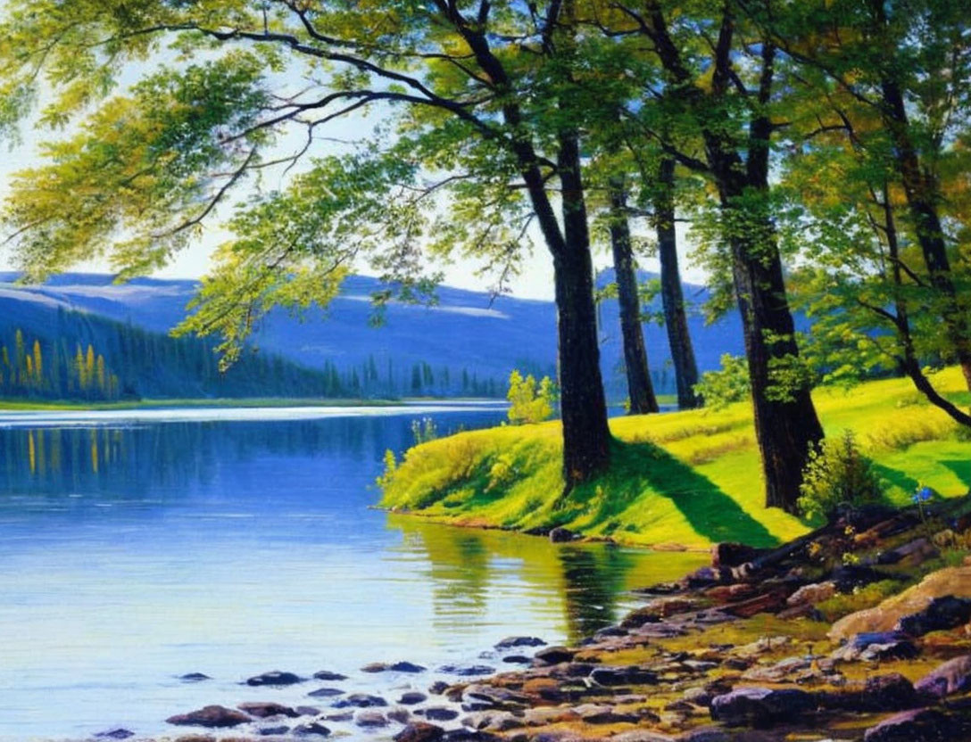 Tranquil lake landscape with lush green trees and clear sky