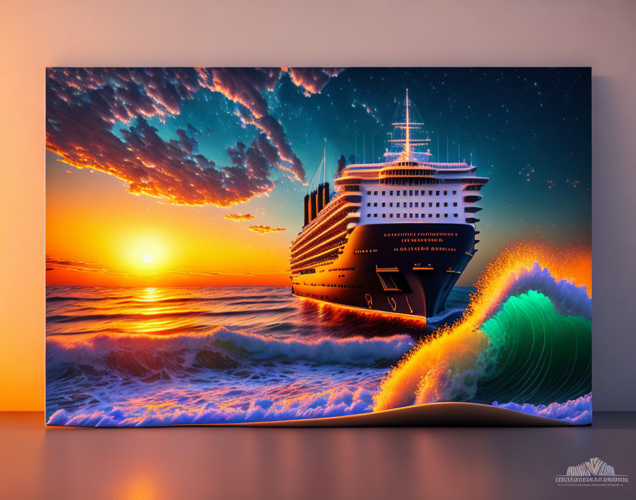 Surreal canvas art: cruise ship on vibrant ocean waves under dramatic sunset sky