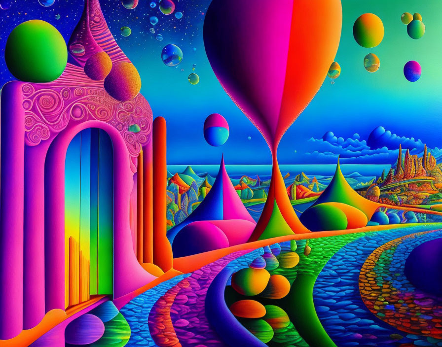 Colorful psychedelic landscape with floating spheres and whimsical path