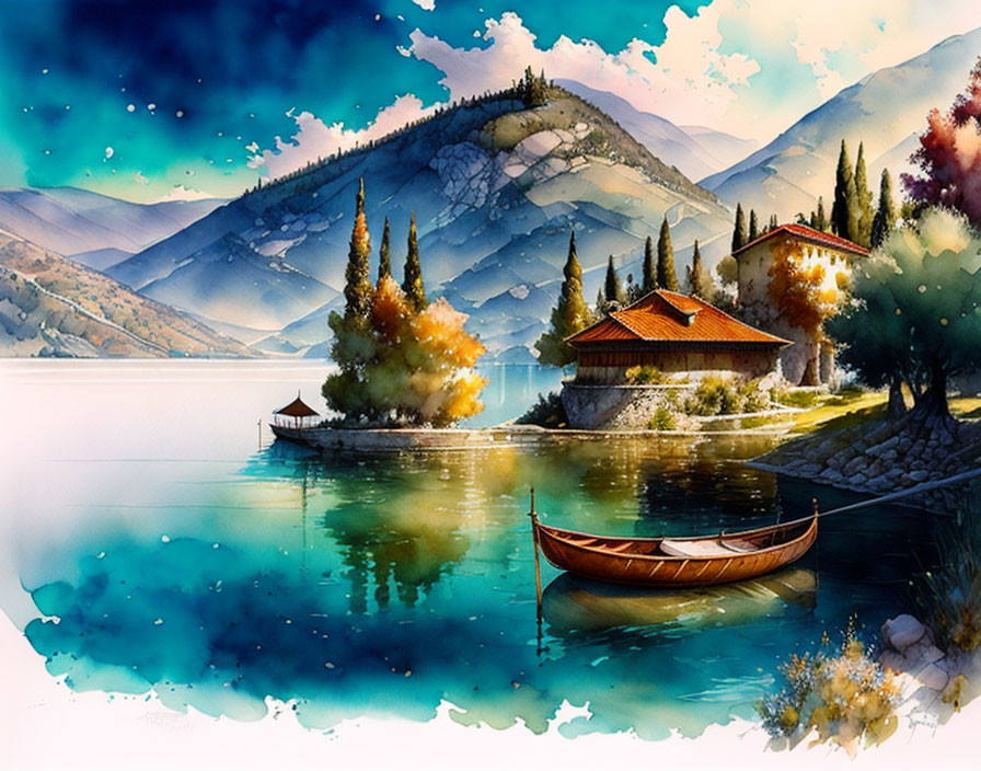 Tranquil lakeside watercolor with boat, house, foliage & mountains