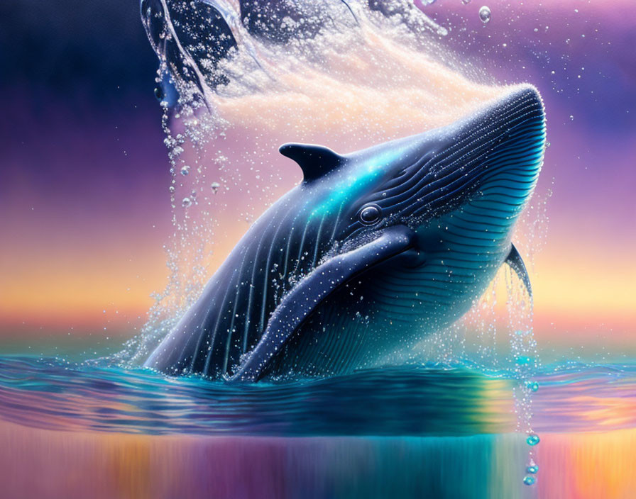 Whimsical blue whale breaching at sunset