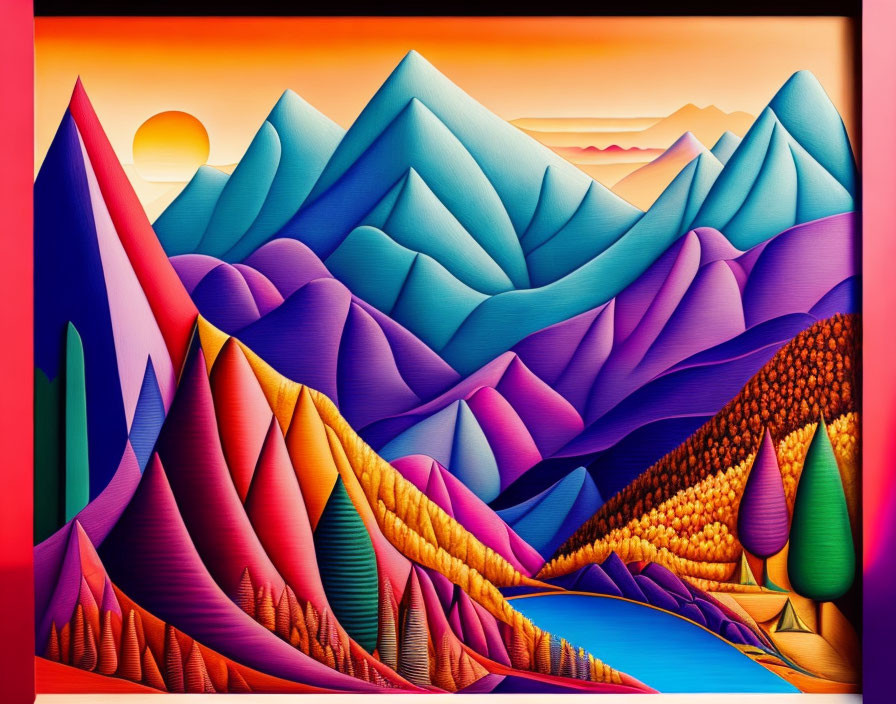 Colorful sunset mountain landscape painting in vibrant hues