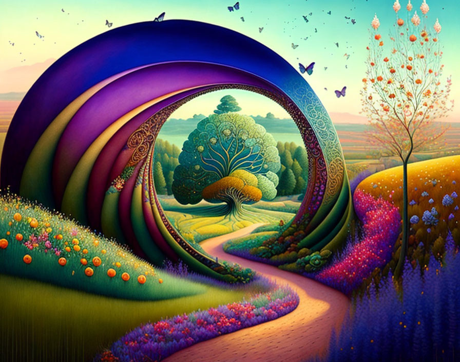 Vibrant landscape painting with path, tree, hills, flowers & arched sky