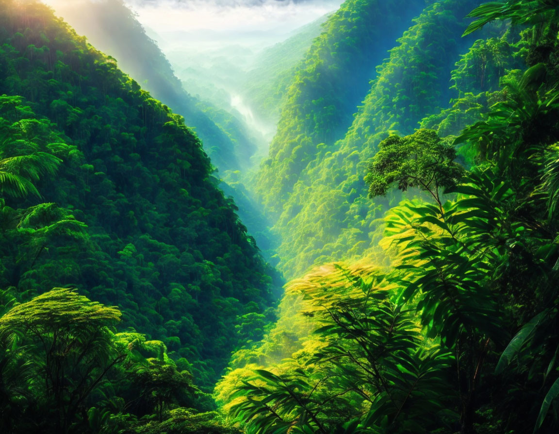 Serene forest scene: lush canopy, sun rays, misty valley
