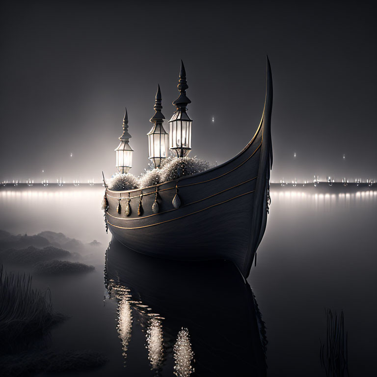 Mystical boat with lanterns and plants on tranquil waters