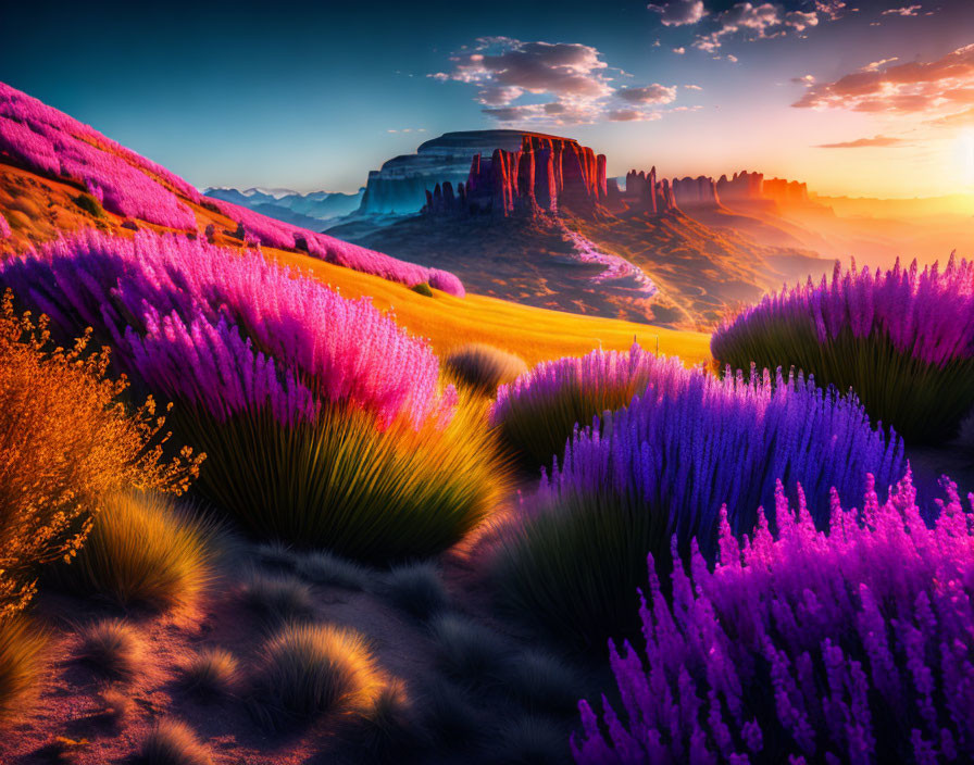 Majestic rock formations under colorful sunrise sky with purple and yellow wildflowers