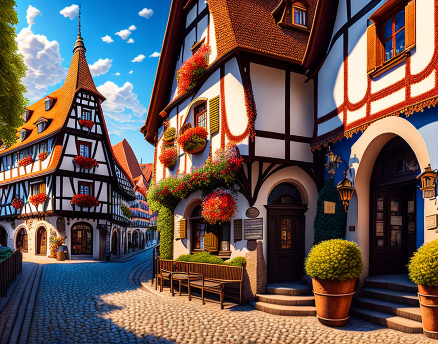 Traditional half-timbered houses on cobblestone street with flower baskets