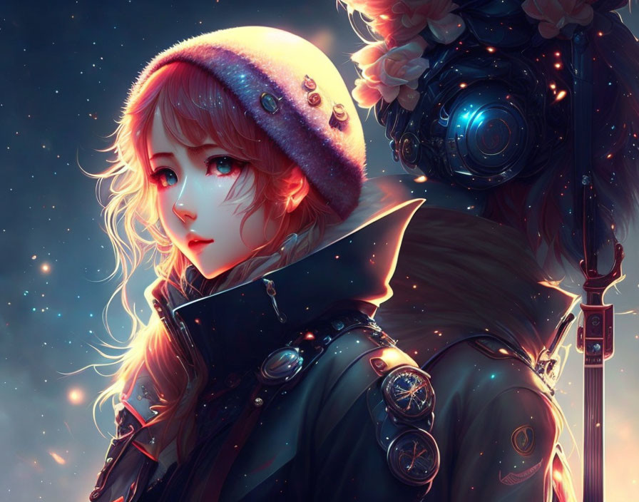 Digital artwork: Female character with reddish hair in beret & futuristic robotic companion under starlit sky