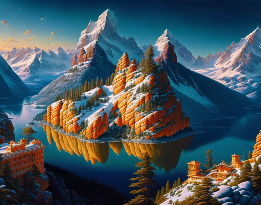 Snowy mountains, autumn trees, lakes, and Eastern-style buildings in a fantastical landscape