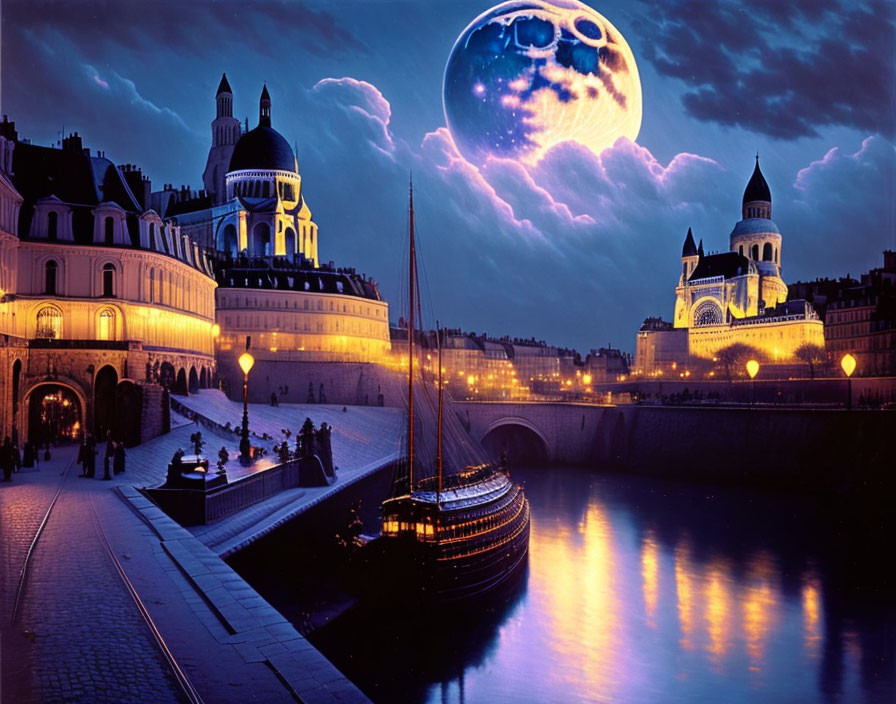 Surreal night scene: oversized moon, serene river, cobblestone pathways, street lamps,