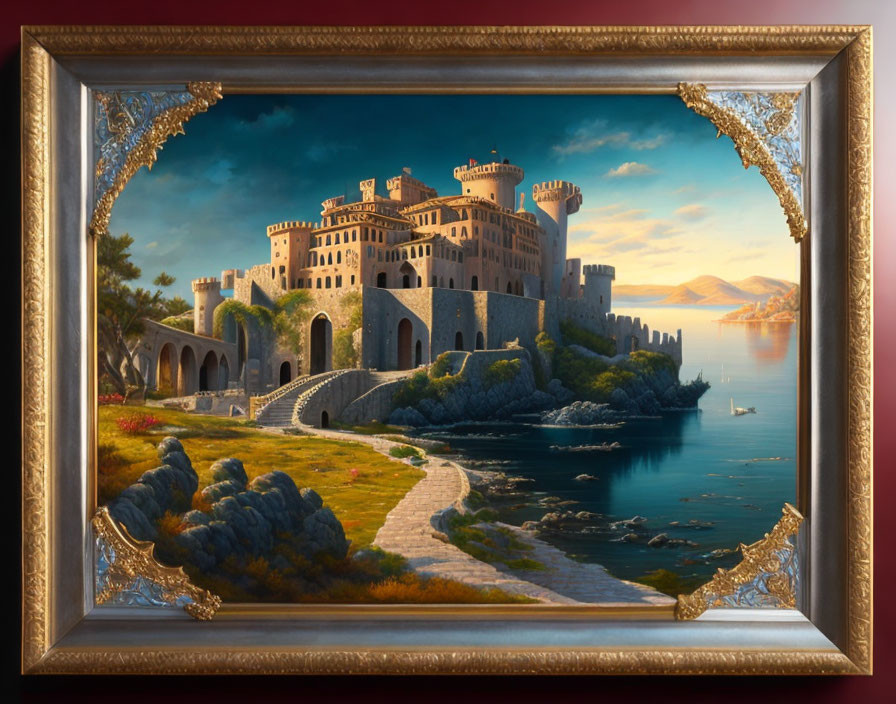 Framed painting of castle by the sea with cobblestone path