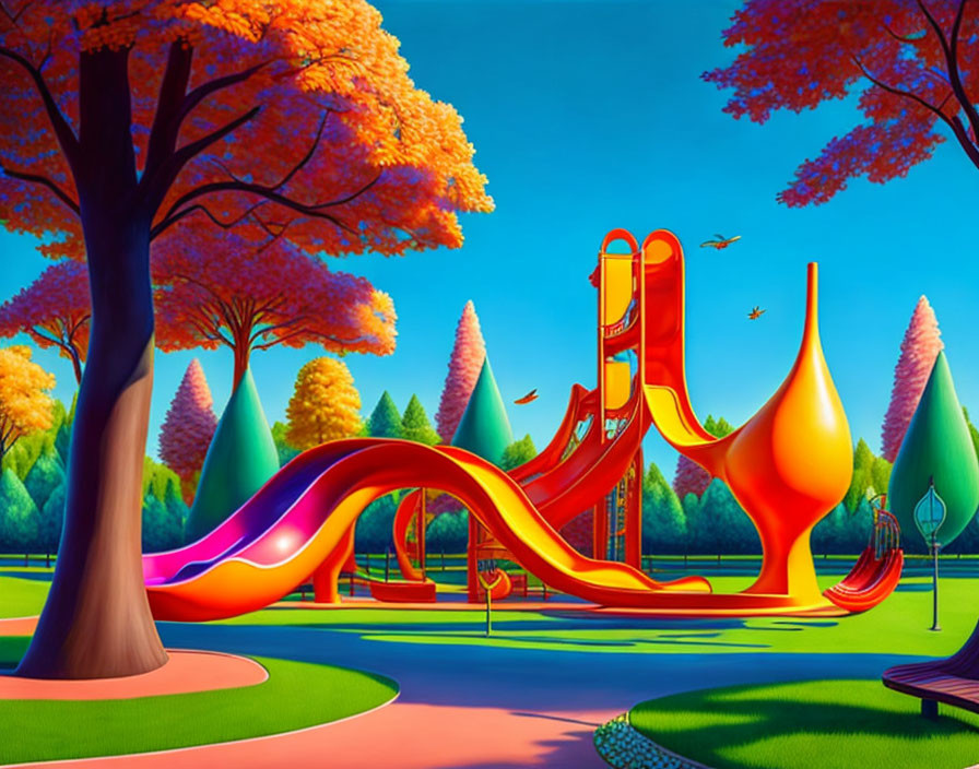 Vibrant red and yellow playground slides in autumn setting