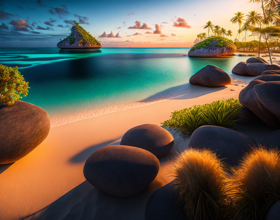 Tropical beach sunset with smooth boulders, turquoise waters, palm trees, and colorful sky