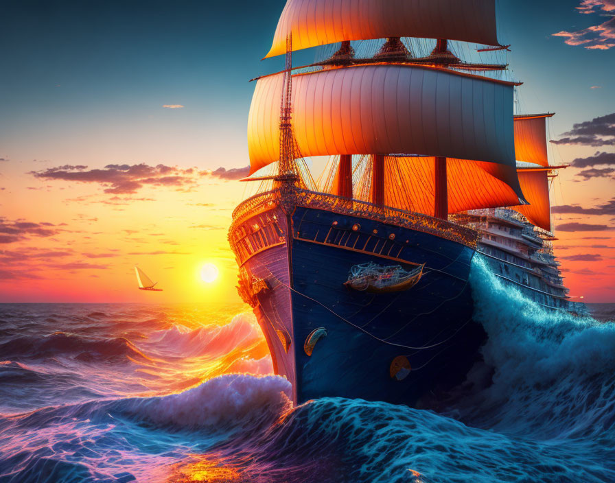 Sailing ship with billowing sails on ocean at sunset