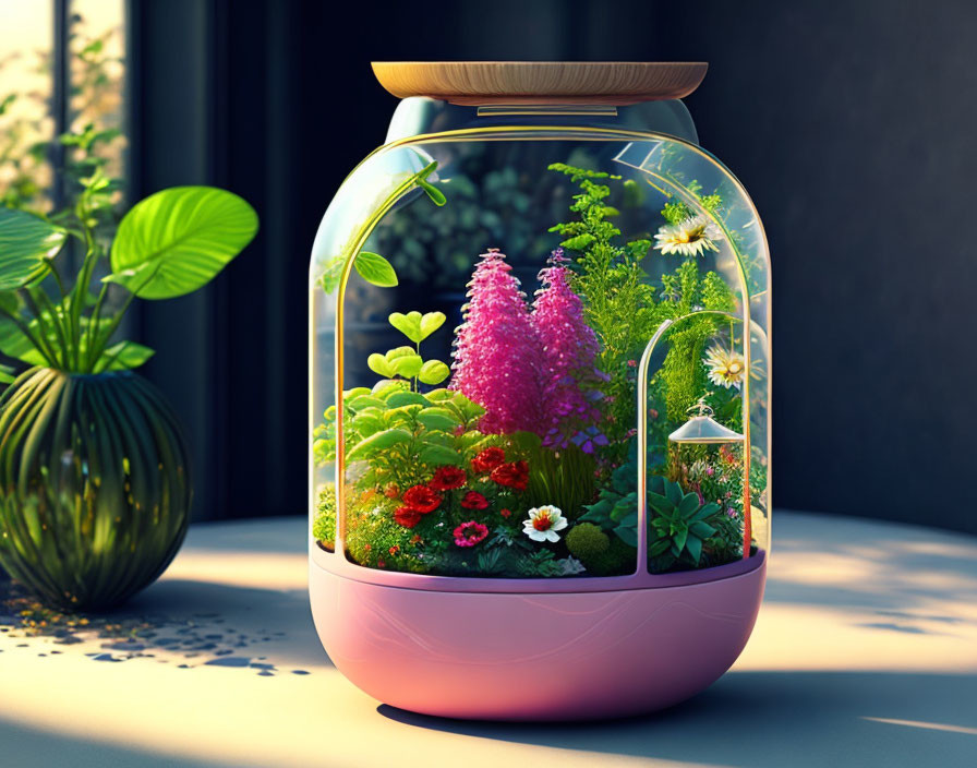 Colorful terrarium with flowers, plants, and figurine in sunlight by window