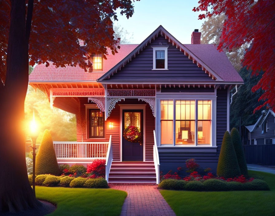 Blue House with Red Door and White Porch in Dusk Lighting Among Greenery