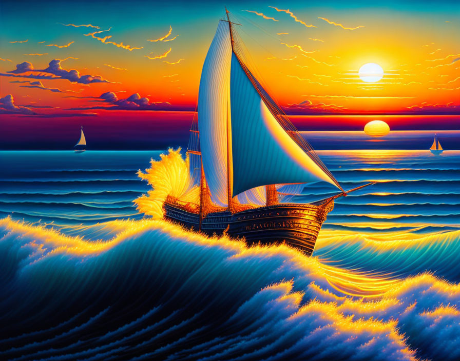 Colorful sailboat painting at sunset with waves and clouds.