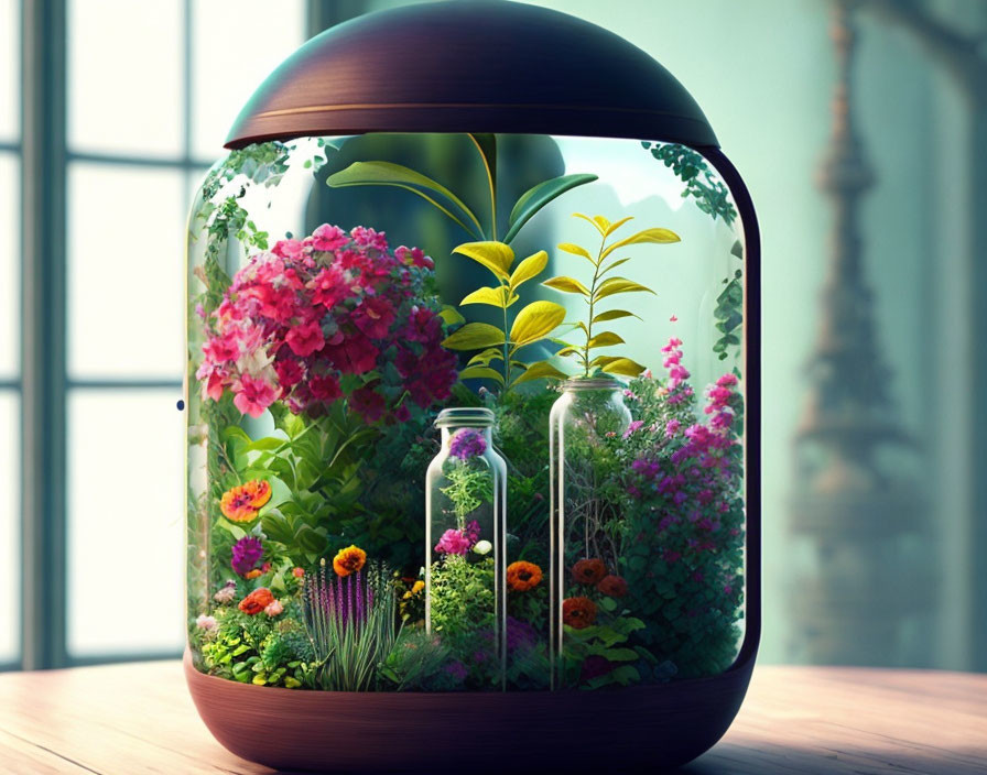 Lush Plants and Flowers in Modern Terrarium Display