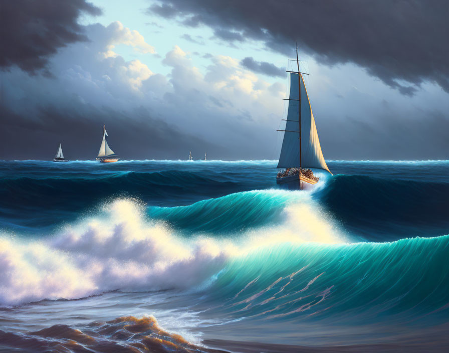 Sailboats on rolling ocean waves under dramatic sky