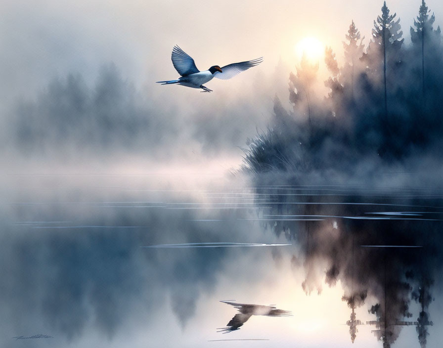 Bird flying over misty lake with forest silhouette and sun peeking through haze