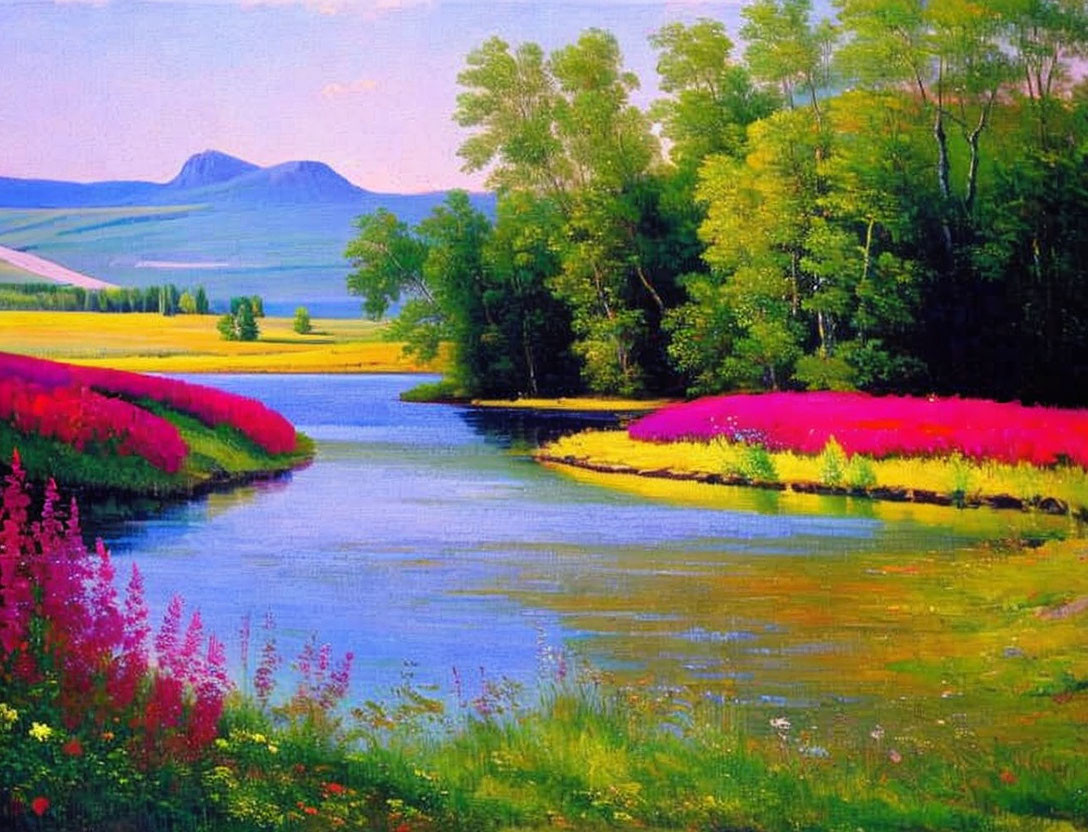 Serene river painting with colorful banks and mountains