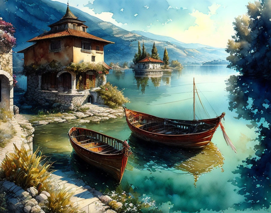 Rustic lakeside house, moored boats, mountains, calm sky